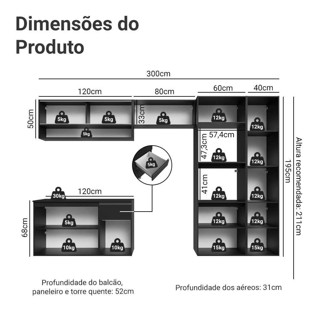 Armário de Cozinha Completa 300 cm Suspenso Preto Nice Madesa 06