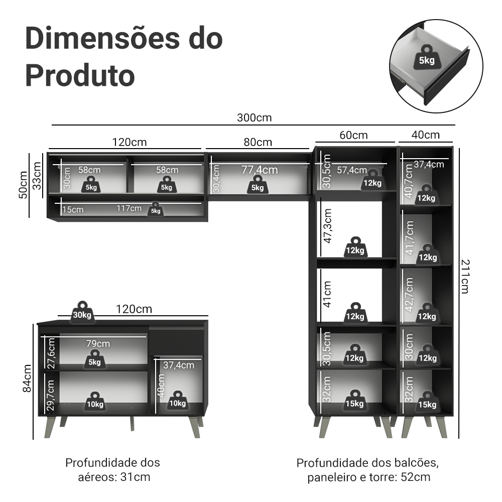 Armário de Cozinha Completa 300 cm Preto Nice Madesa 08