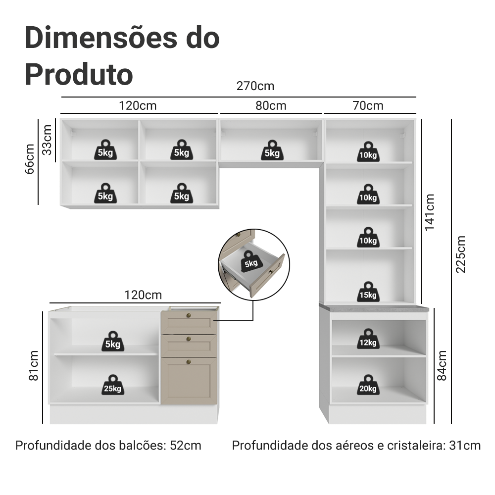 Armário de Cozinha Completa 270 cm Branco/Crema Vik Madesa 06