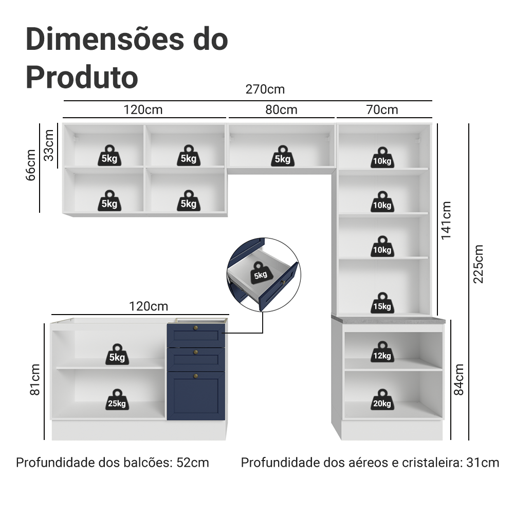 Armário de Cozinha Completa 270 cm Branco/Azul Vik Madesa 06