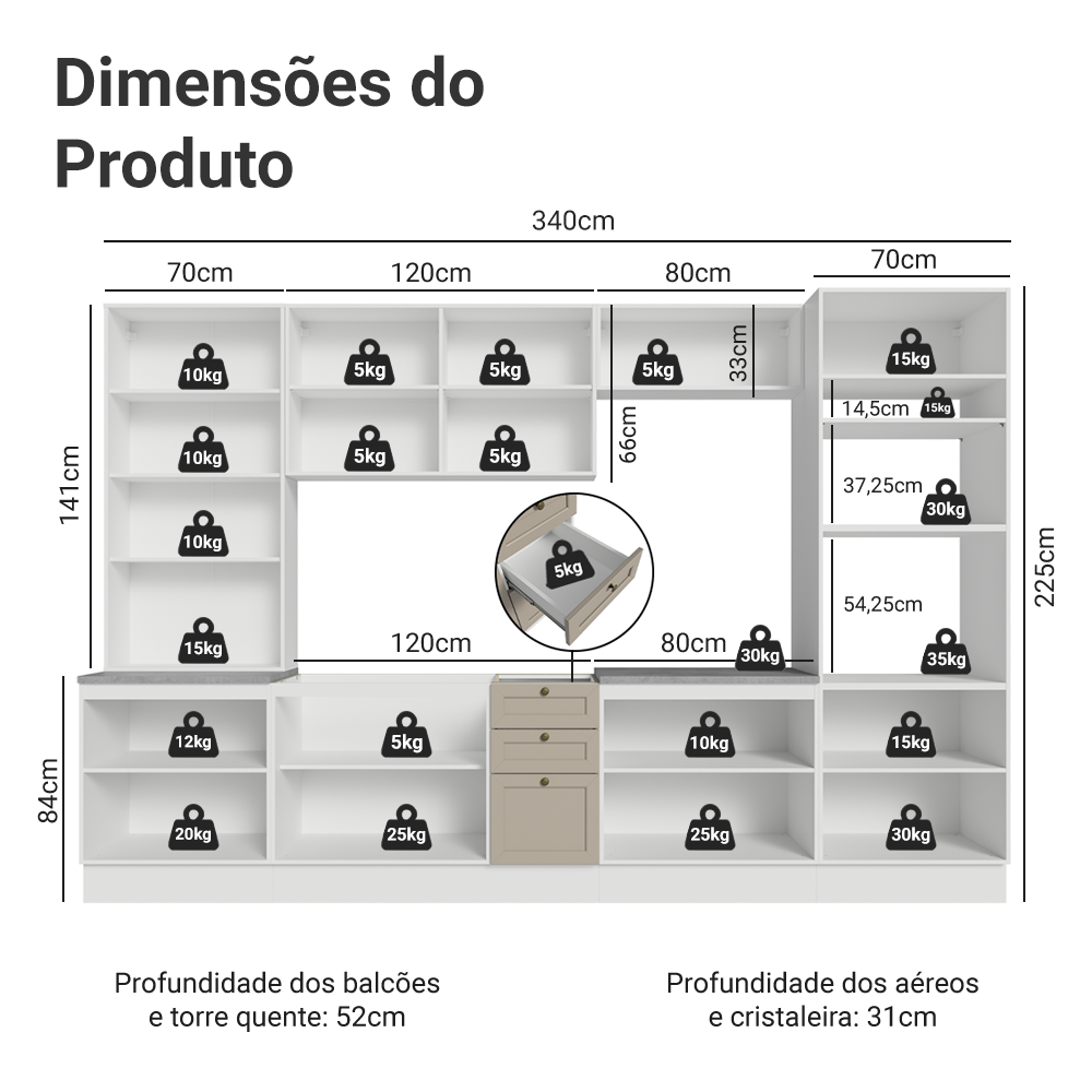 Armário de Cozinha Completa 340 cm Branco/Crema Vik Madesa 01