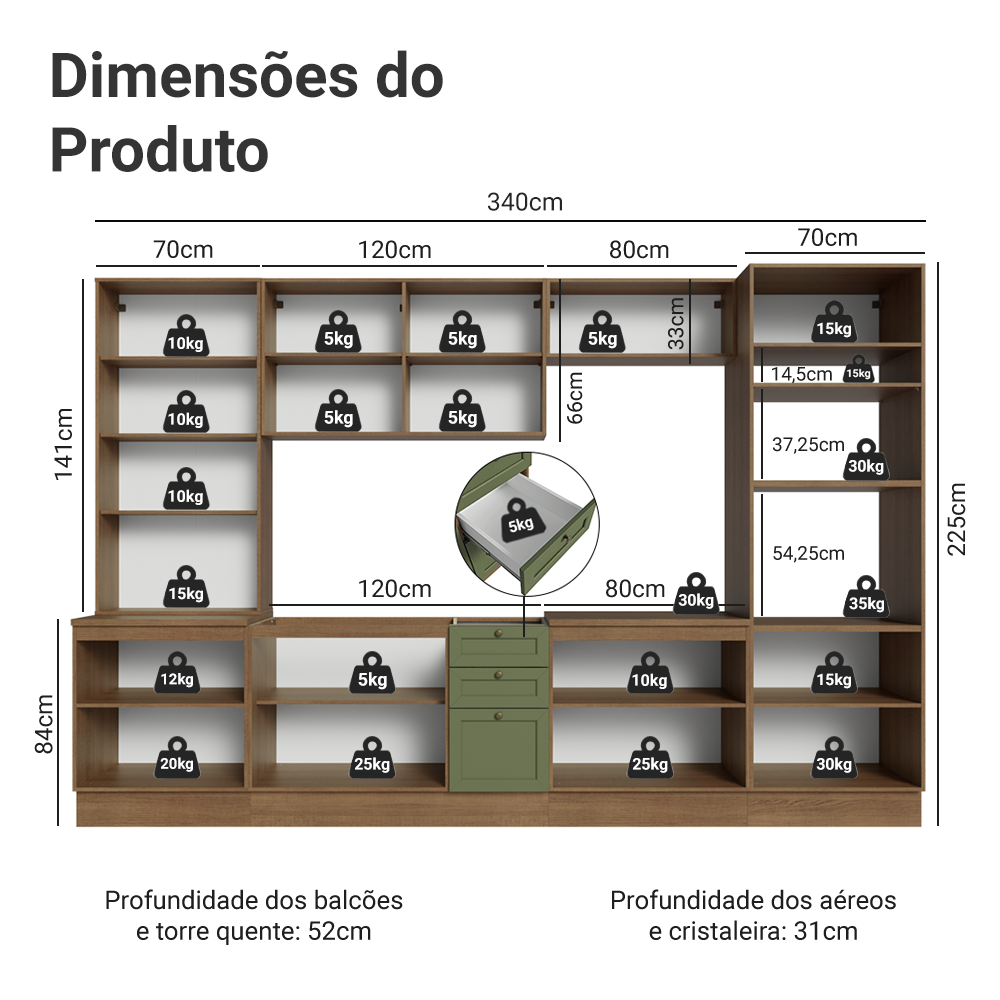 Armário de Cozinha Completa 340 cm Rustic/Verde Vik Madesa 01