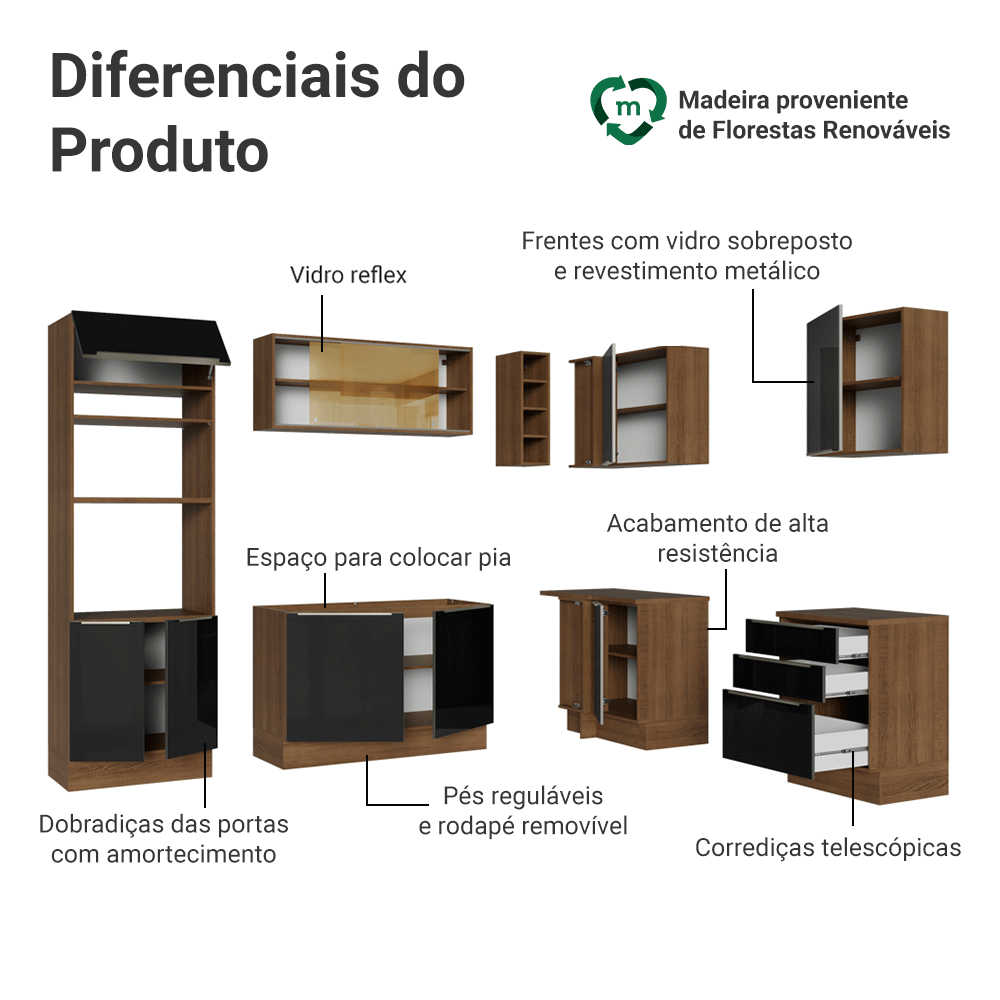 Armário de Cozinha Completa de Canto 399 cm Rustic/Preto Lux Madesa 01
