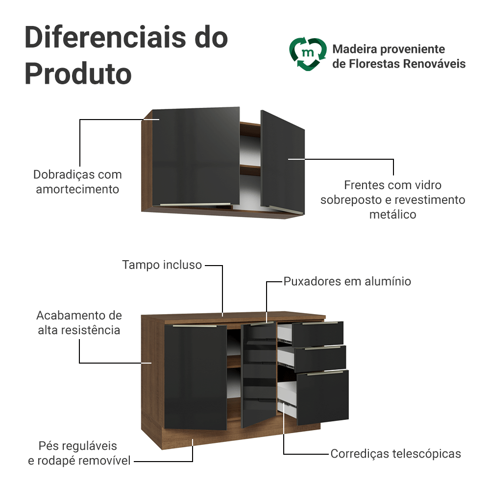 Armário de Cozinha Compacta 120 x 60 cm Rustic/Preto Lux Madesa 02