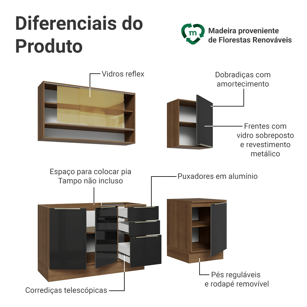 Armário de Cozinha Compacta 180 cm Rustic/Preto Lux Madesa 04