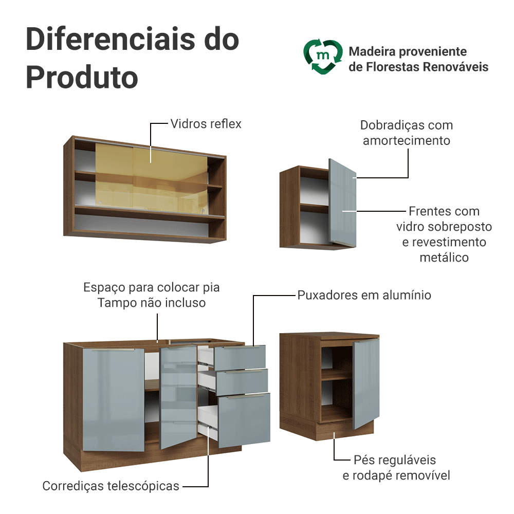 Armário de Cozinha Compacta 180 x 60 cm Rustic/Cinza Lux Madesa 05