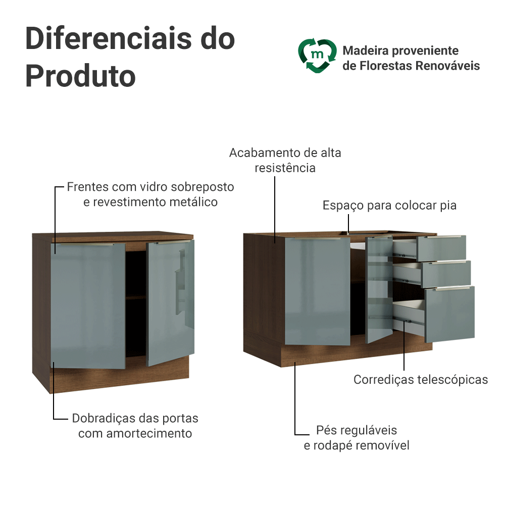 Armário de Cozinha Compacta 200 x 60 cm Rustic/Cinza Lux Madesa 06