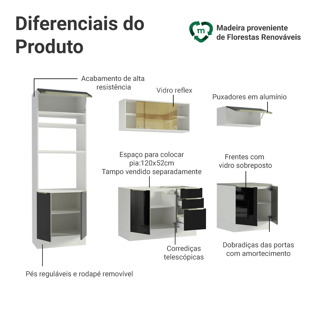 Armário de Cozinha Completa 270 cm Branco/Preto Lux Madesa 05