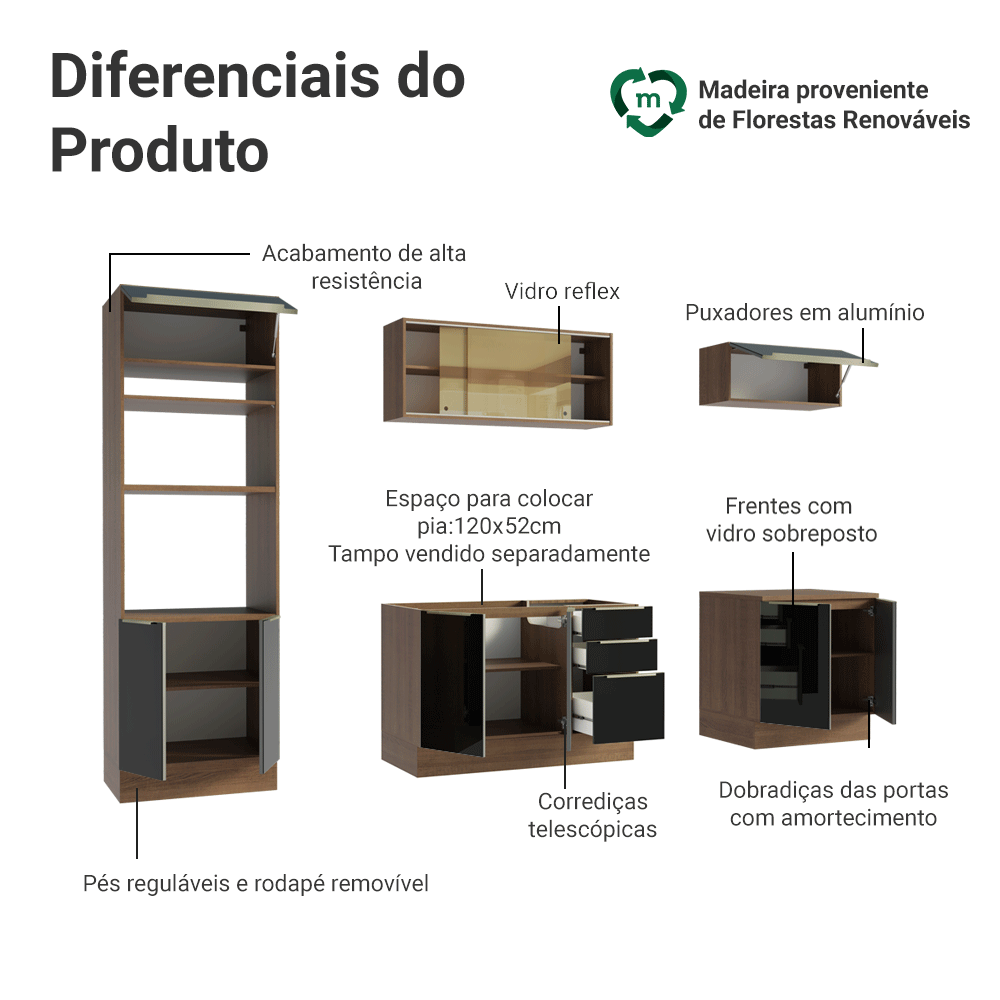 Armário de Cozinha Completa 270 cm Rustic/Preto Lux Madesa 05