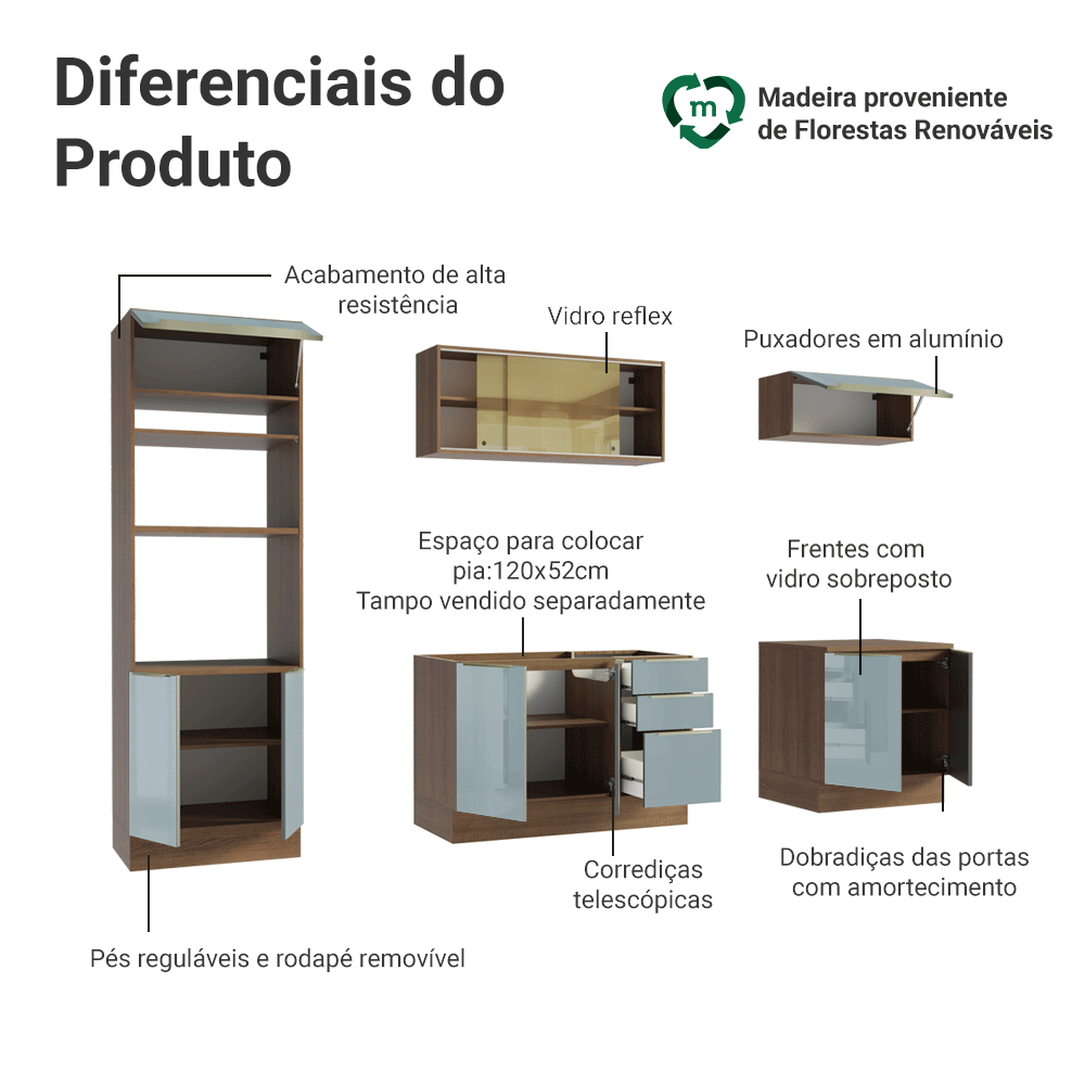 Armário de Cozinha Completa 270 cm Rustic/Cinza Lux Madesa 05