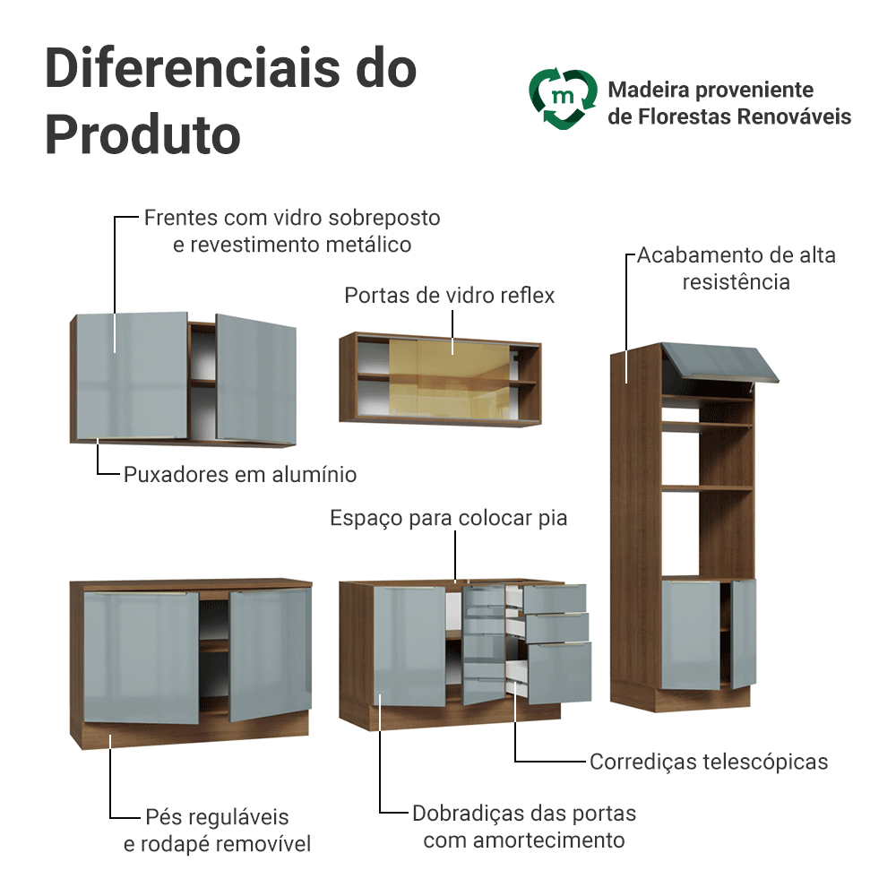 Armário de Cozinha Completa 310 cm Rustic/Cinza Lux Madesa 03