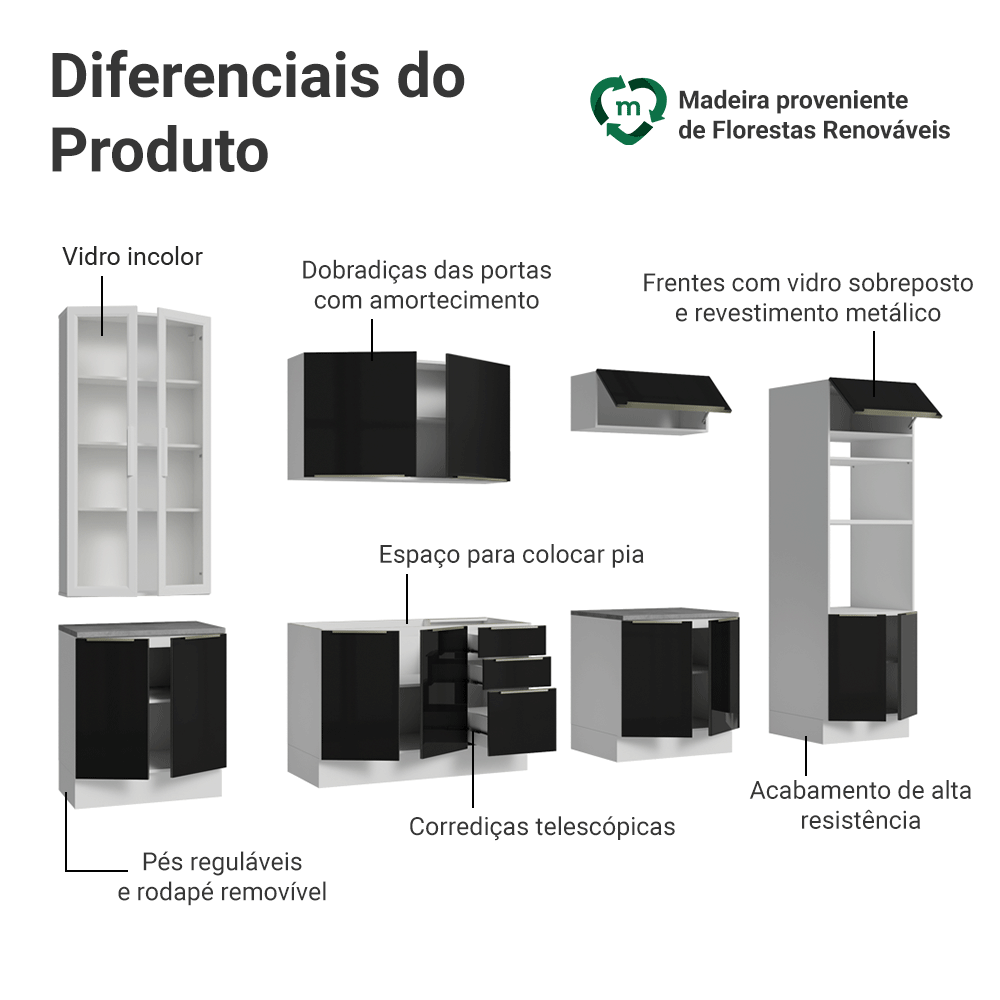 Armário de Cozinha Completa 340 x 60 cm Branco/Preto Lux Madesa 04