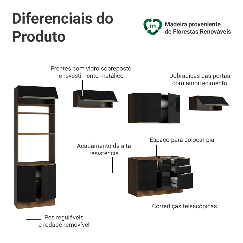 Armário de Cozinha Completa 350 x 60 cm Rustic/Preto Lux Madesa 02