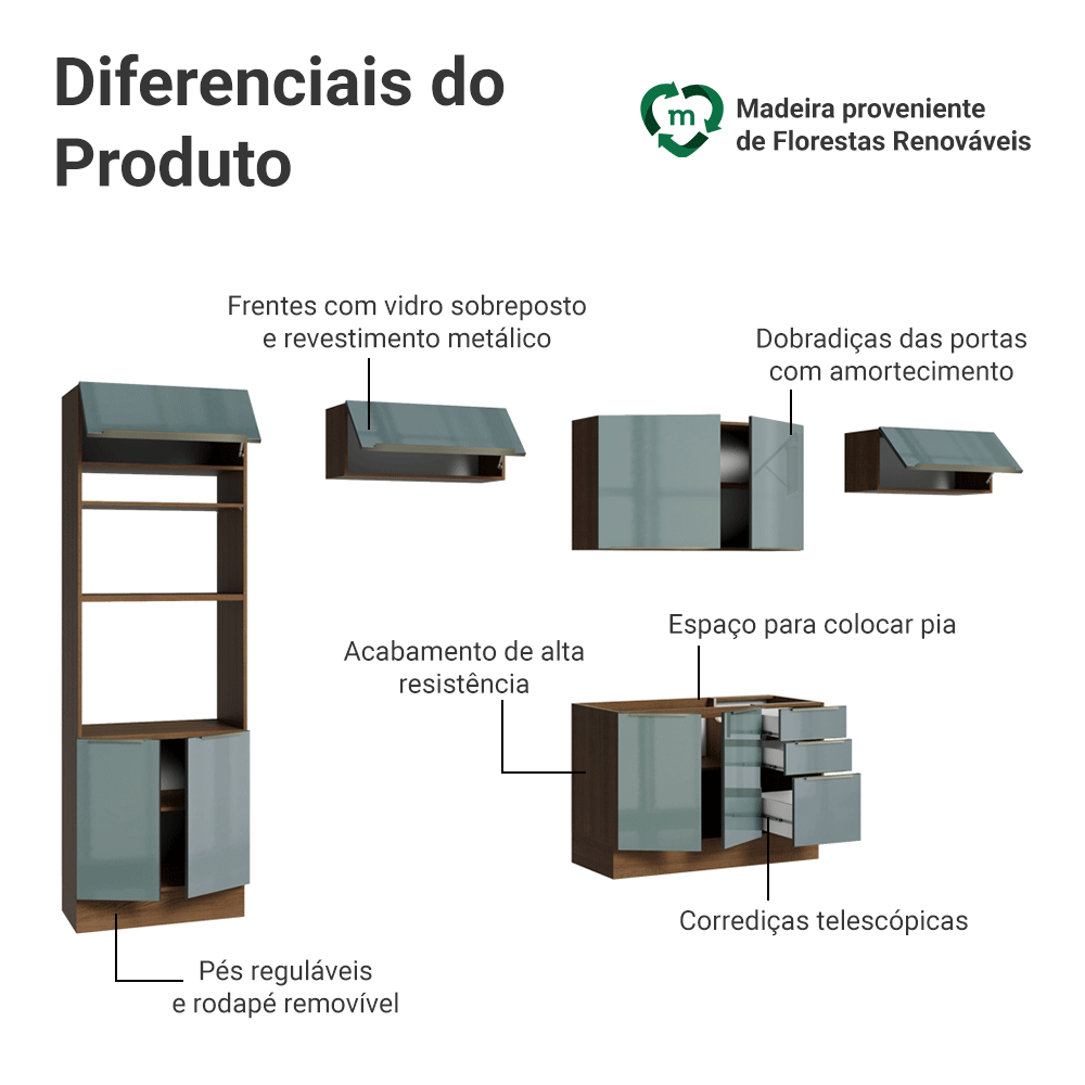 Armário de Cozinha Completa 350 x 60 cm Rustic/Cinza Lux Madesa 02