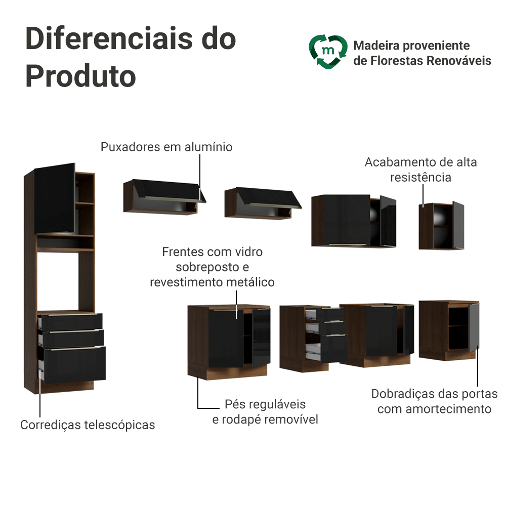 Armário de Cozinha Completa 400 cm Rustic/Preto Lux Madesa 05