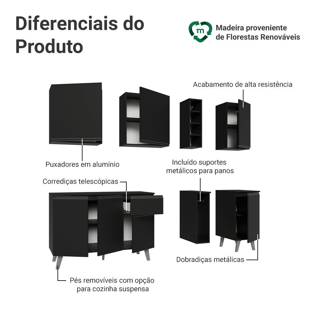 Armário de Cozinha Compacta 180 cm Preto Nice Madesa 01