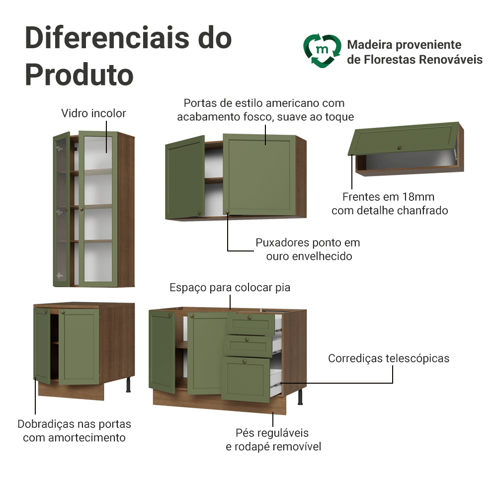 Armário de Cozinha Completa 270 cm Rustic/Verde Vik Madesa 05