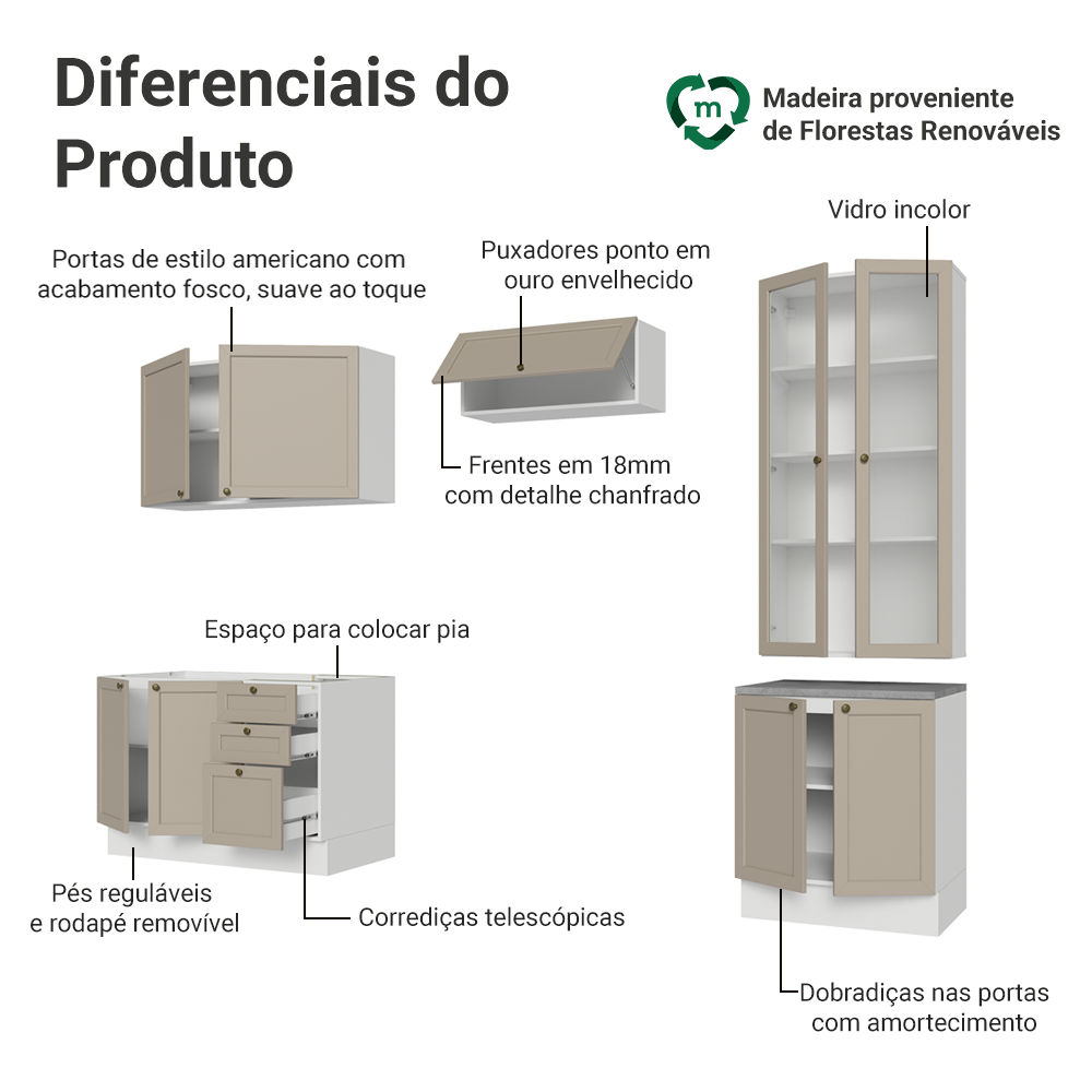 Armário de Cozinha Completa 270 cm Branco/Crema Vik Madesa 06