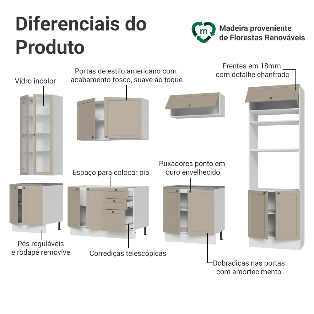 Armário de Cozinha Completa 340 cm Branco/Crema Vik Madesa 01
