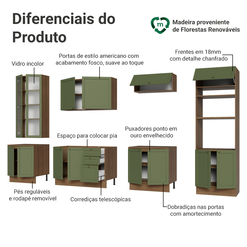 Armário de Cozinha Completa 340 cm Rustic/Verde Vik Madesa 01