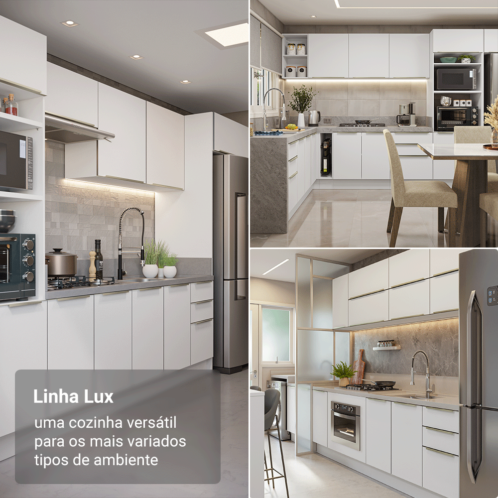 Armário de Cozinha Completa de Canto 416 x 60 cm Branco/Branco Veludo Lux Madesa 01