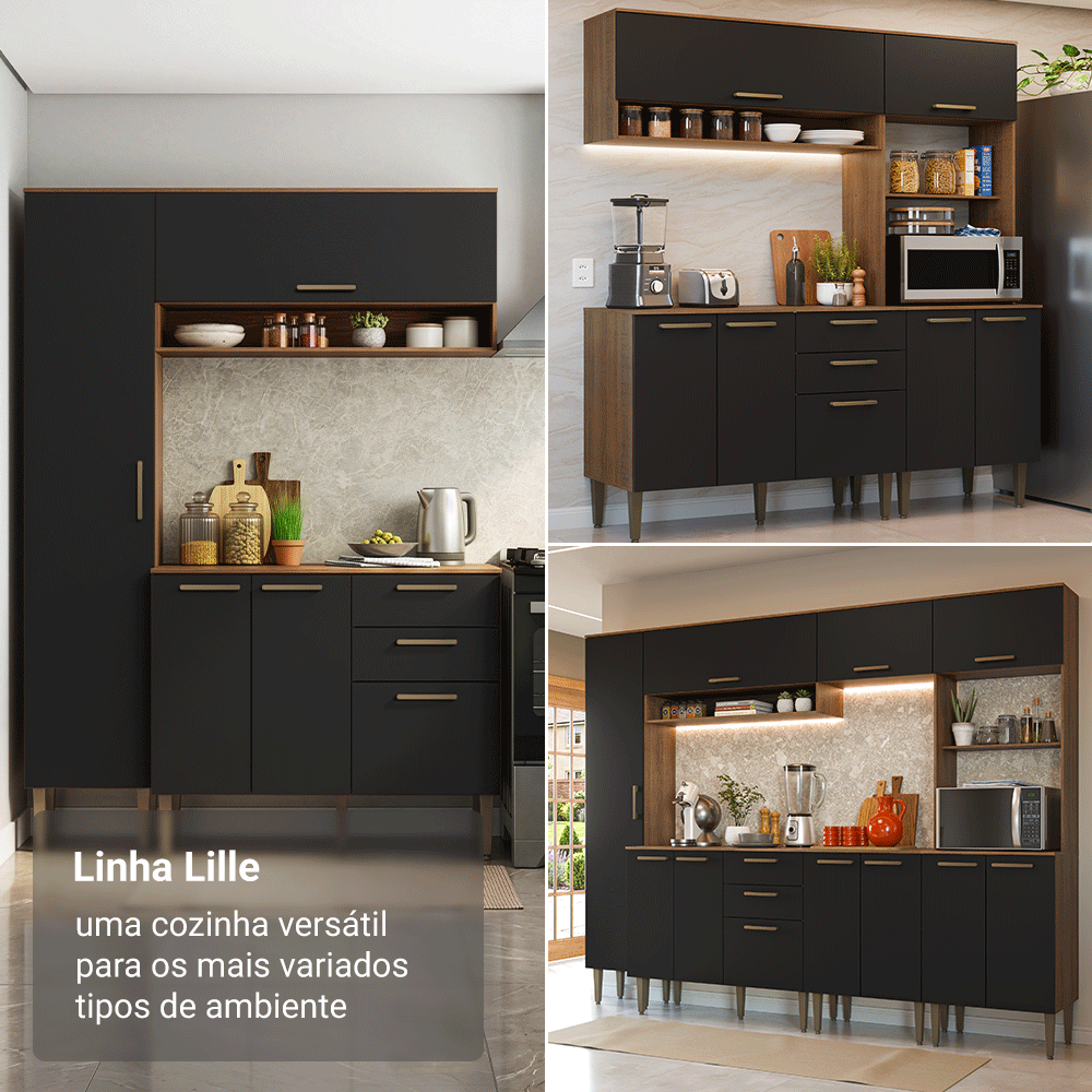 Armário de Cozinha Completa 285 cm Rustic/Preto Lille Madesa 01