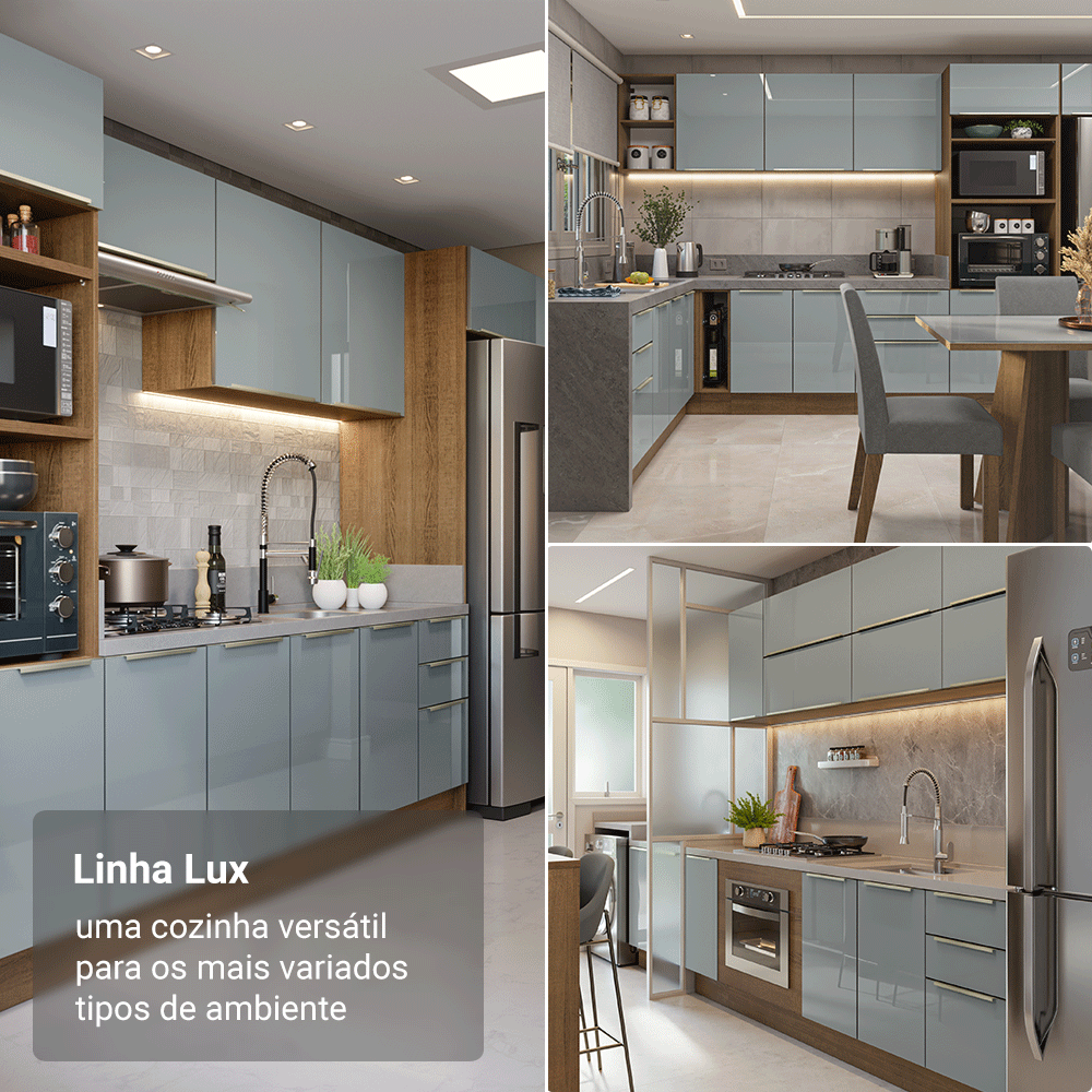 Armário de Cozinha Completa 270 x 60 cm Rustic/Cinza Lux Madesa 06