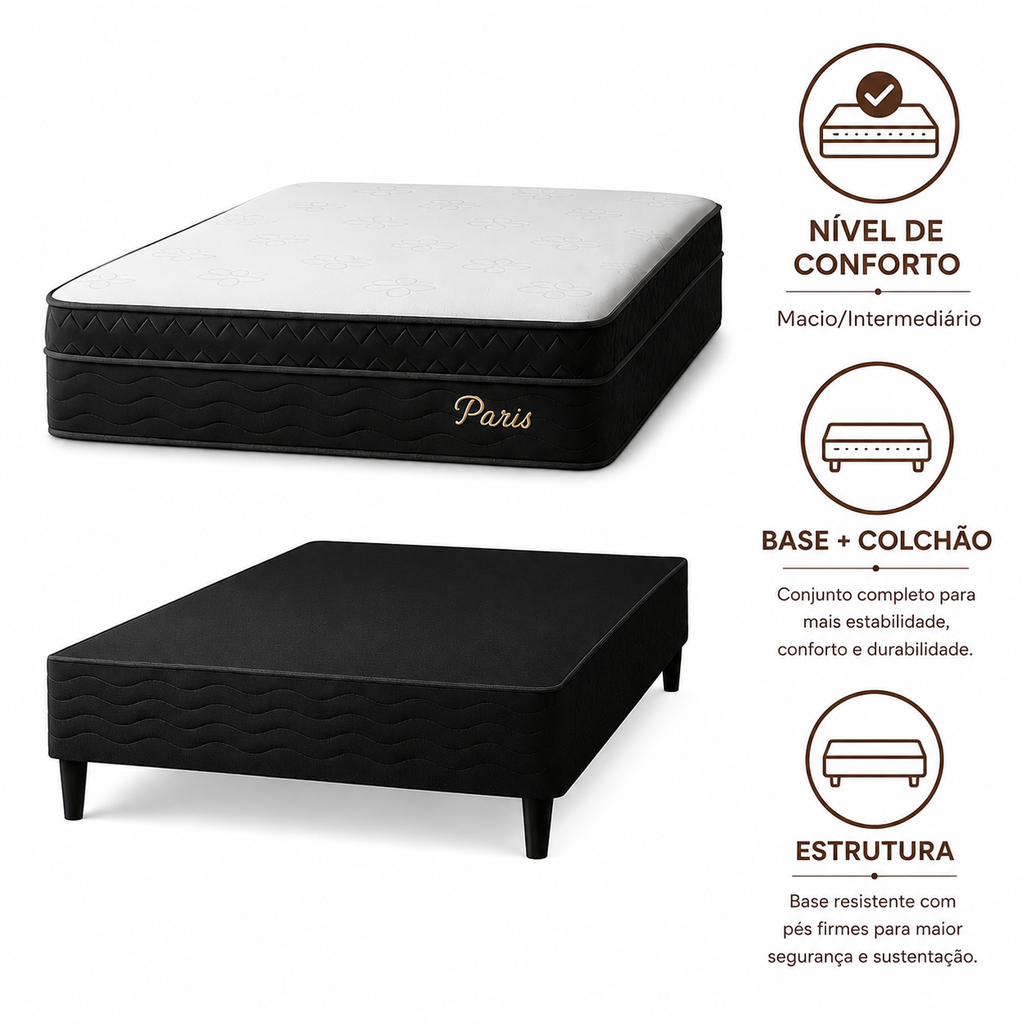 Cama Box Casal (Base + Colchão) Paris Topazio