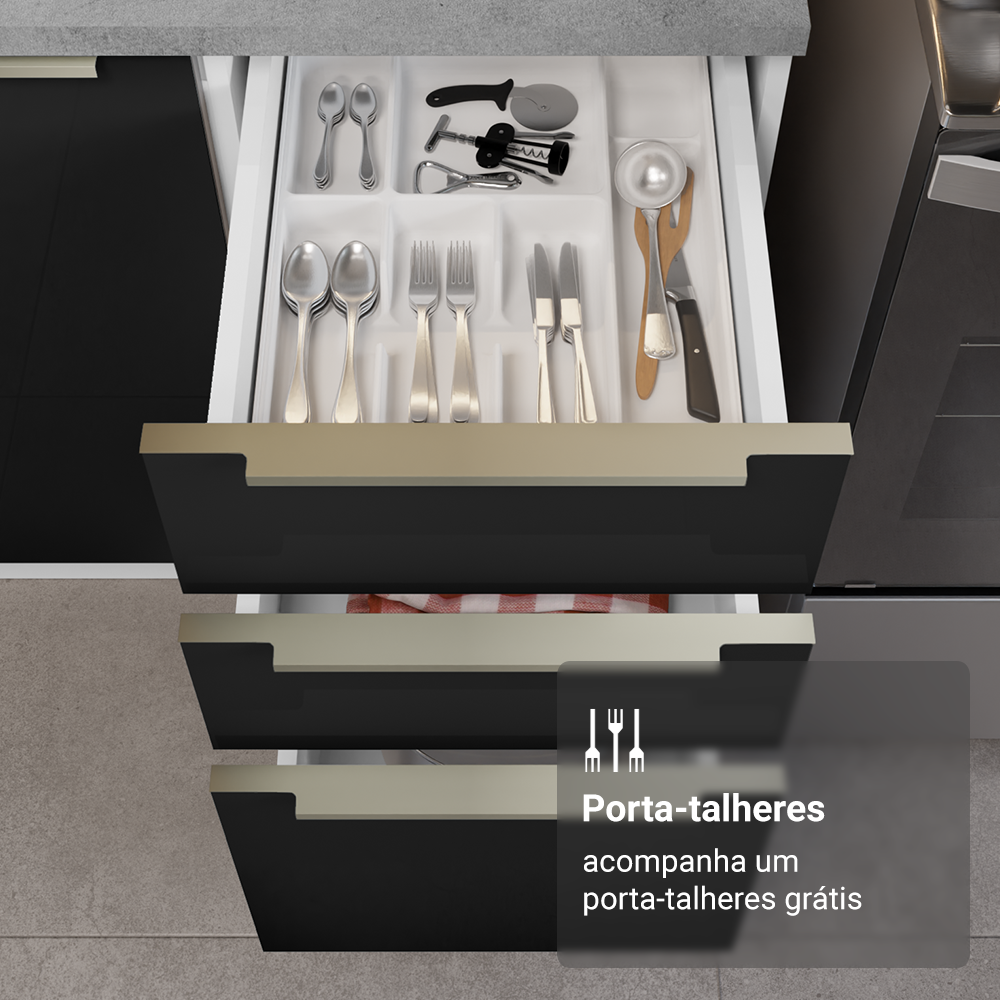 Balcão de Cozinha 40 cm 3 Gavetas (Sem Tampo) Branco/Preto Lux Madesa