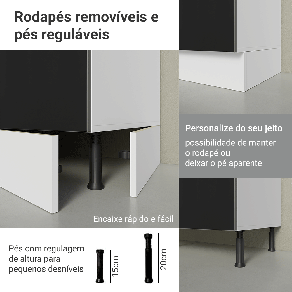 Balcão de Cozinha 70 cm 2 Portas (Sem Tampo) Branco/Preto Lux Madesa