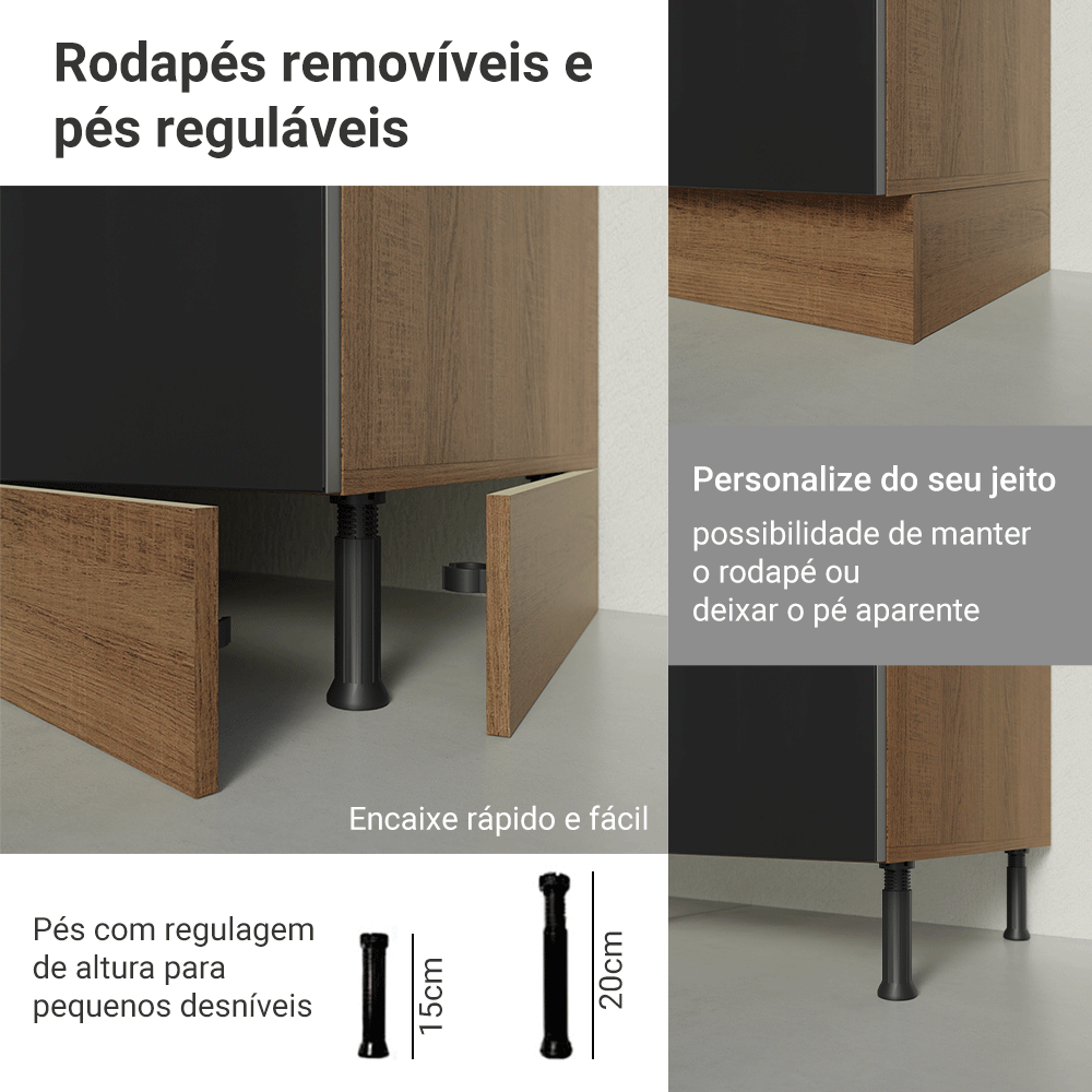 Balcão de Cozinha 70 cm 2 Portas Rustic/Preto Lux Madesa