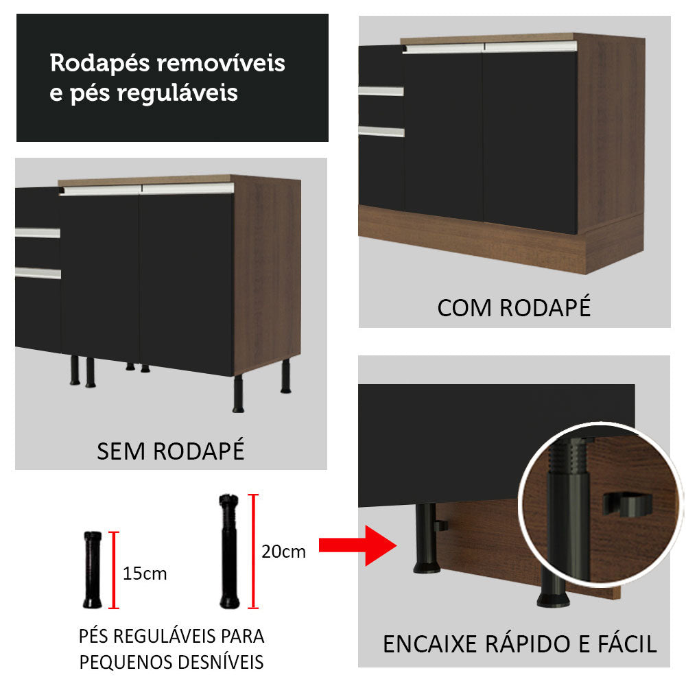 Armário de Cozinha Completa 290cm Rustic/Preto/Crema Safira Madesa 03