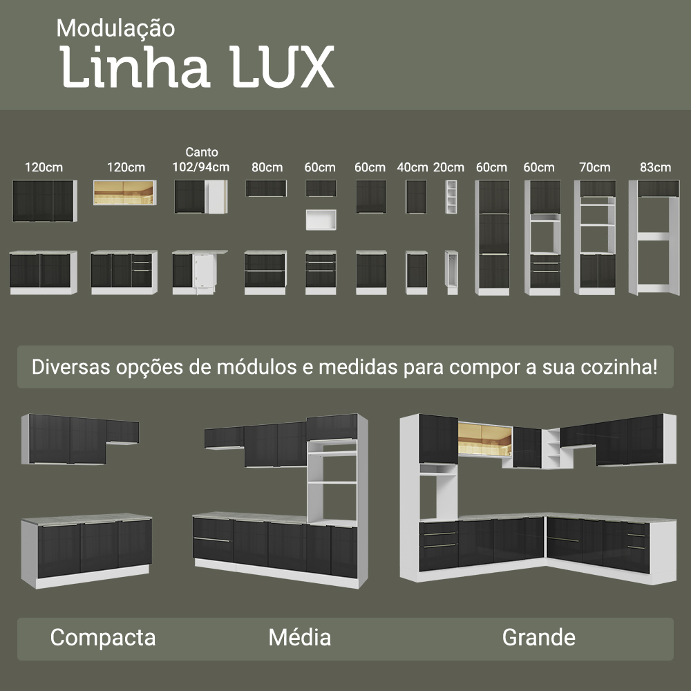 Armário de Cozinha Completa de Canto 399 cm Branco/Preto Lux Madesa 01