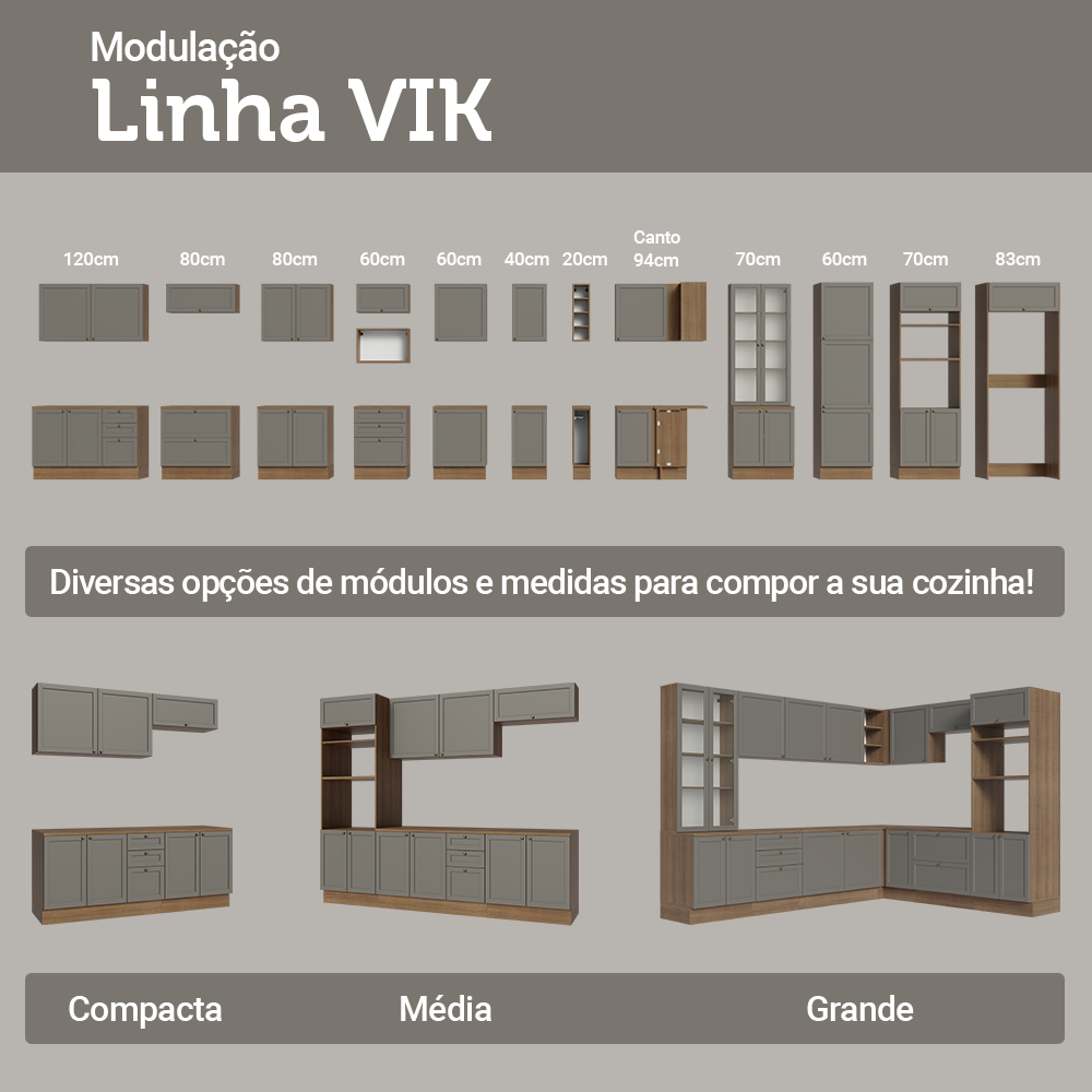 Armário de Cozinha Completa de Canto 549 cm Rustic/Cinza Vik Madesa 01