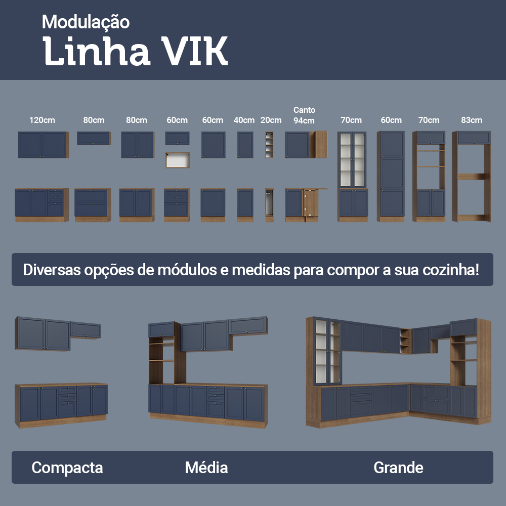 Armário de Cozinha Completa de Canto 549 cm Rustic/Azul Vik Madesa 01