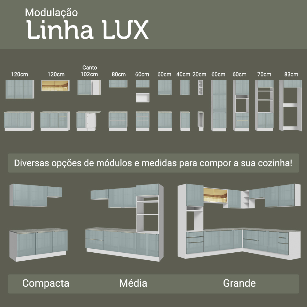 Armário de Cozinha Compacta 200 cm Branco/Cinza Lux Madesa 05
