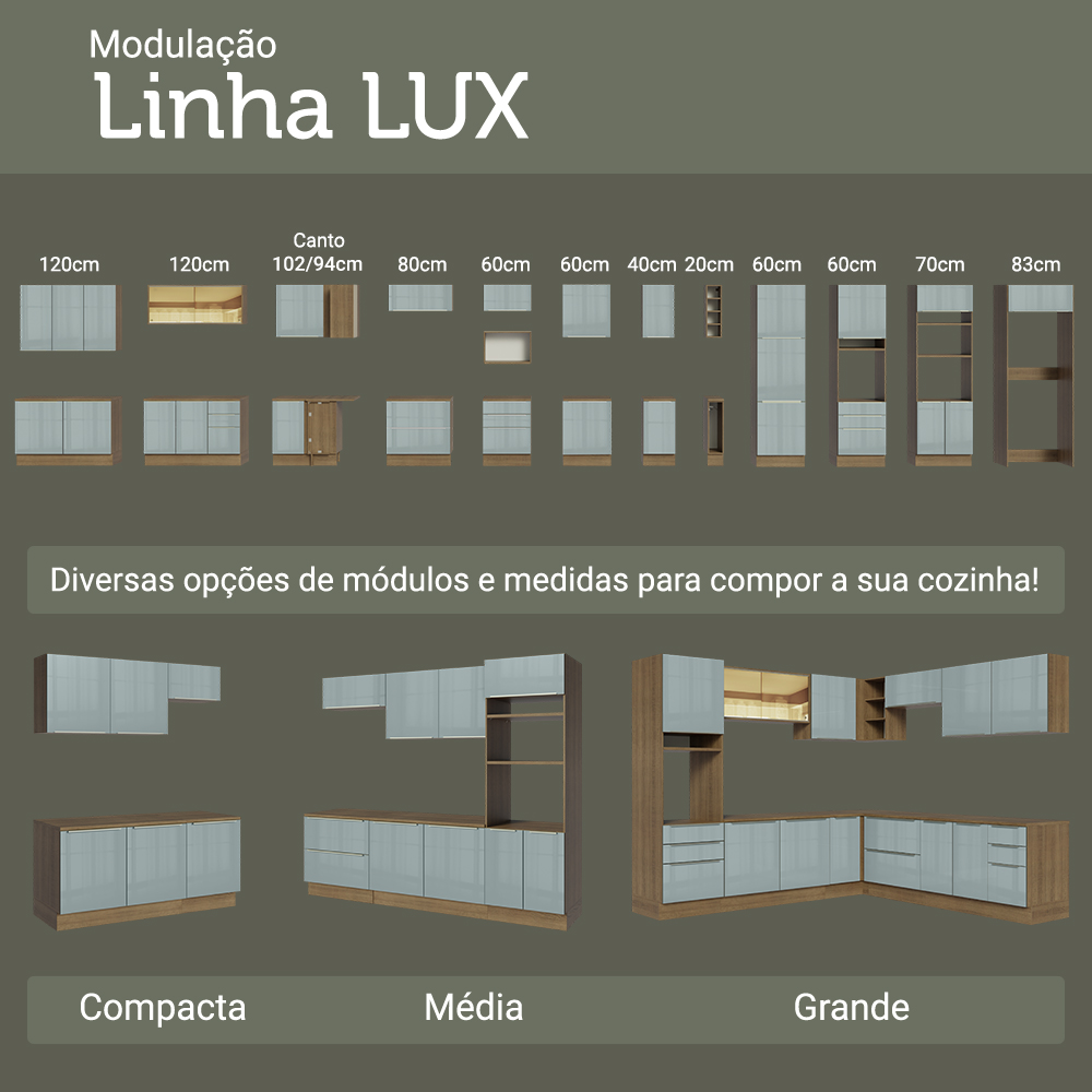 Armário de Cozinha Compacta 200 cm Rustic/Cinza Lux Madesa 07