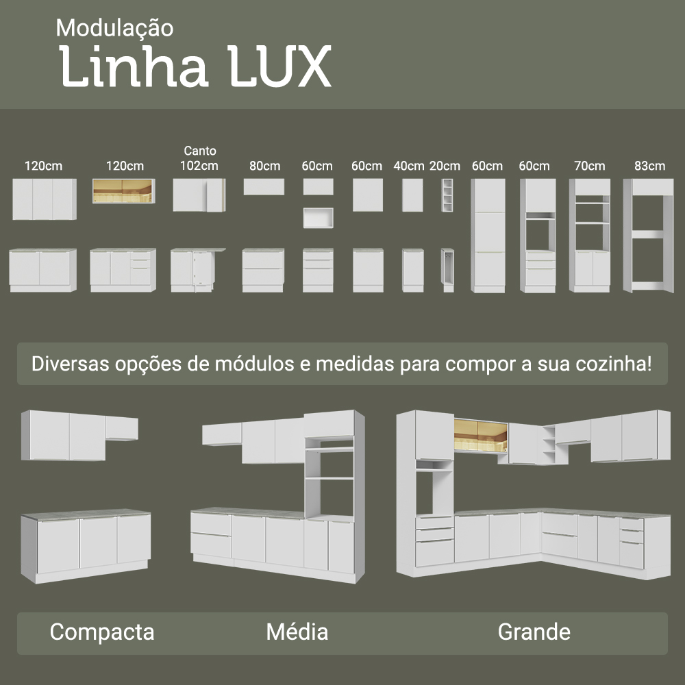 Armário de Cozinha Completa 280 x 60 cm Branco/Branco Veludo Lux Madesa 02
