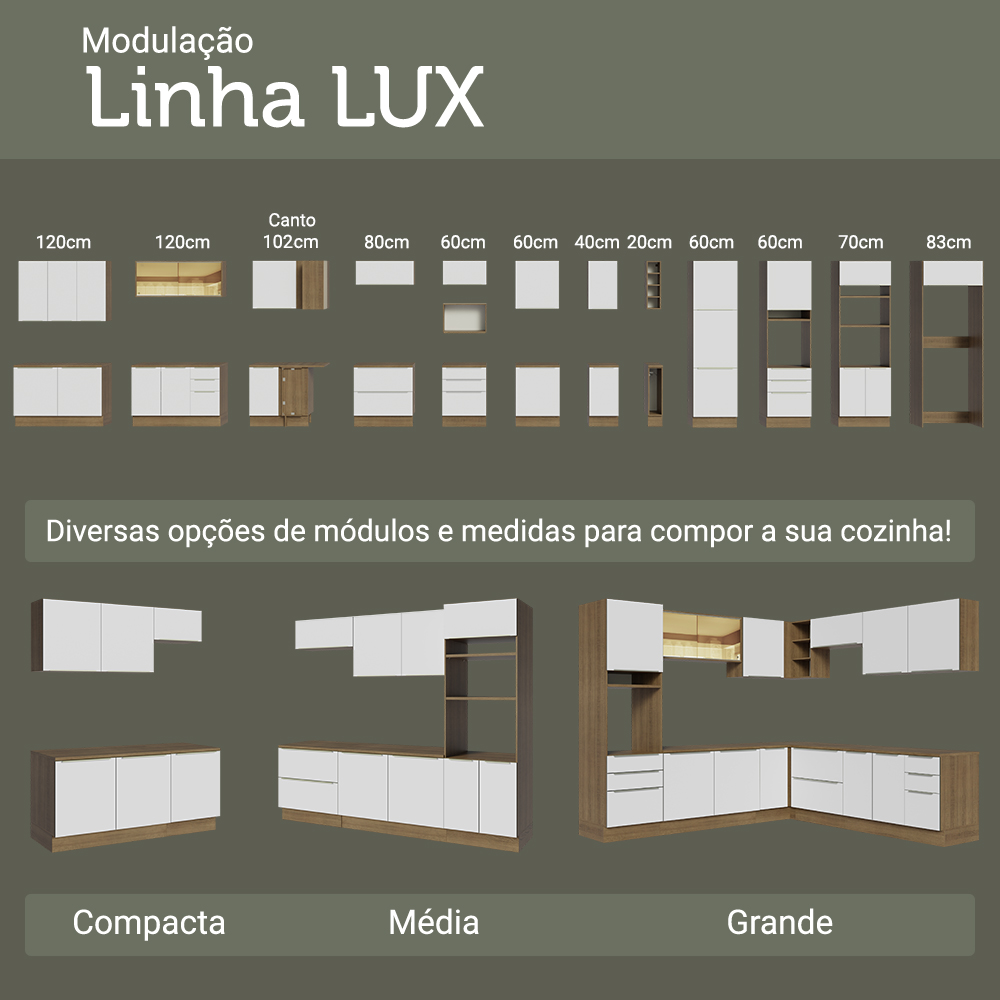 Armário de Cozinha Completa 310 x 60 cm Rustic/Branco Veludo Lux Madesa 04