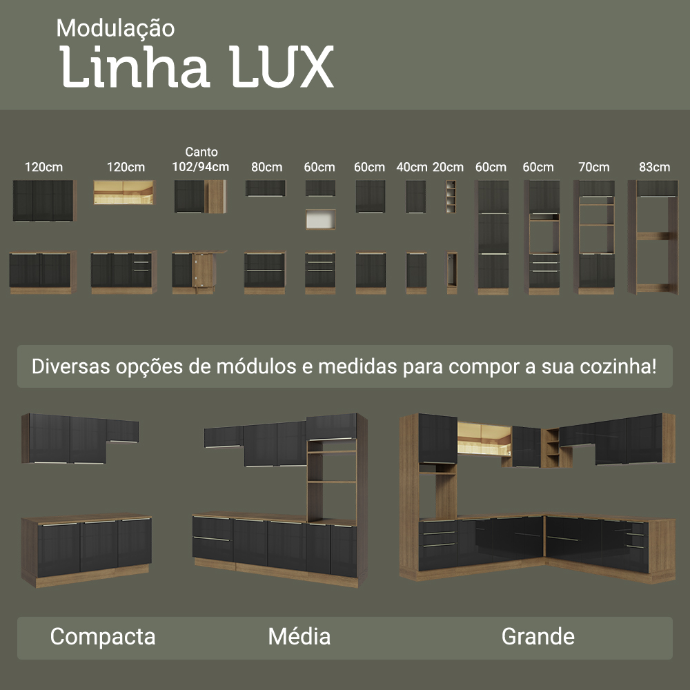 Armário de Cozinha Completa 350 cm Rustic/Preto Lux Madesa 01