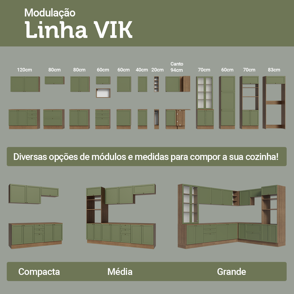 Armário de Cozinha Completa 340 cm Rustic/Verde Vik Madesa 01