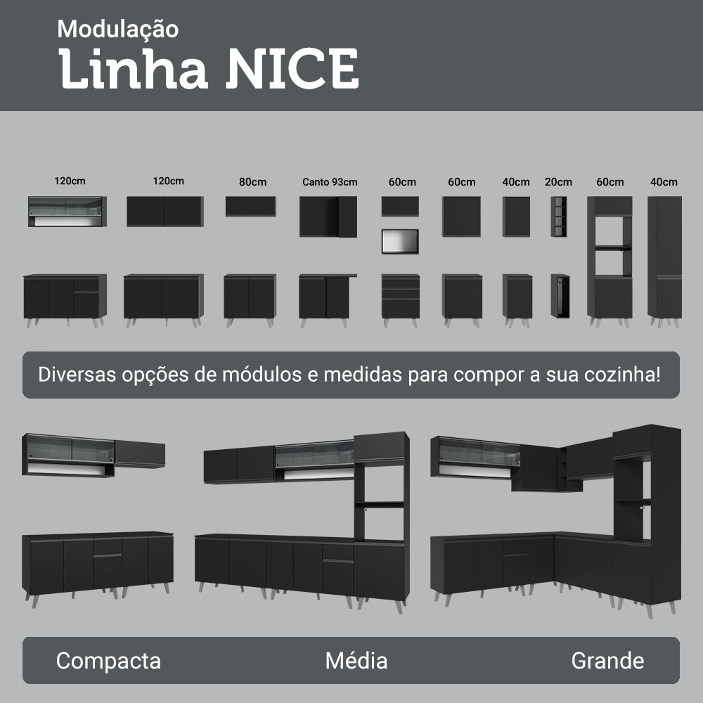Armário de Cozinha Completa de Canto 445 cm Preto Nice Madesa 01