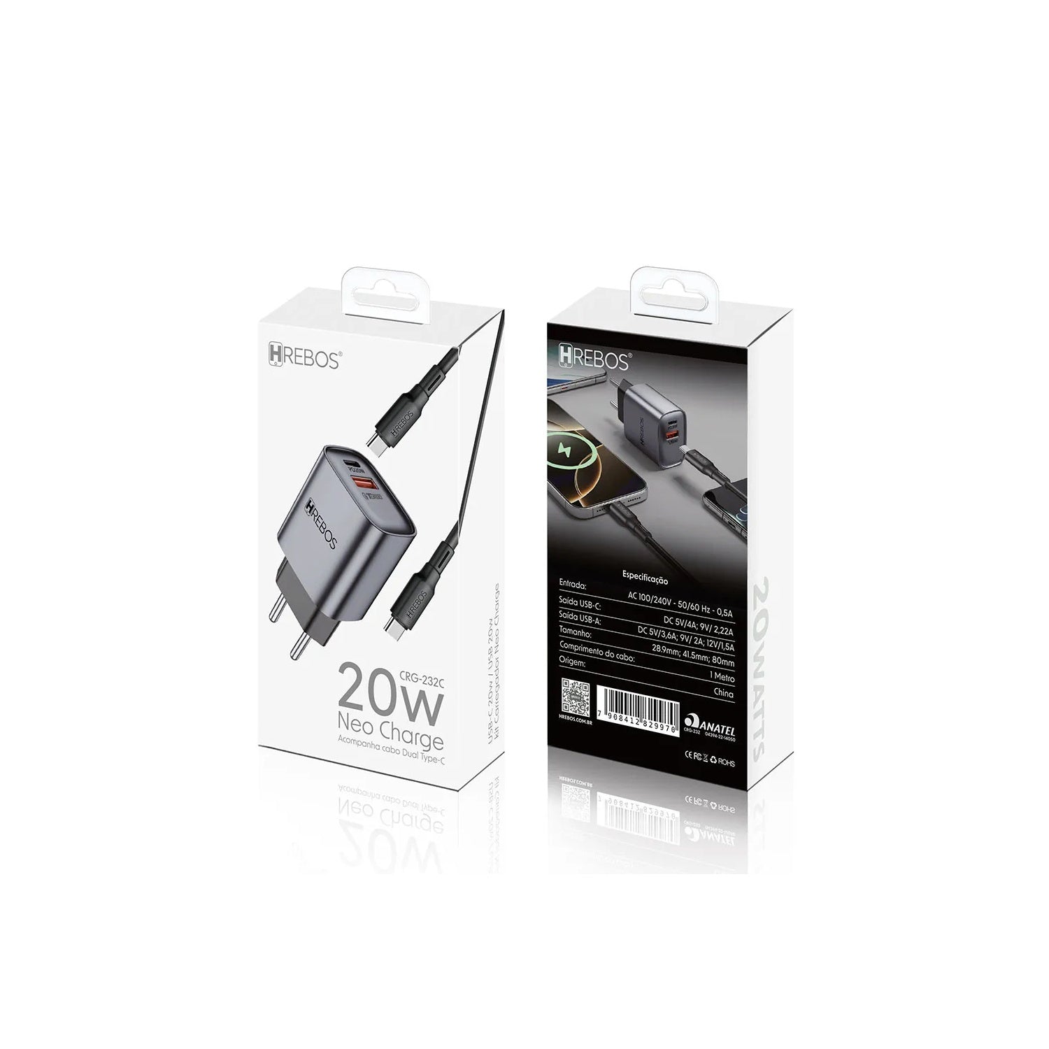 Carregador Turbo Hrebos 20W USB-C CRG-232CC Cinza com Cabo Power Delivery