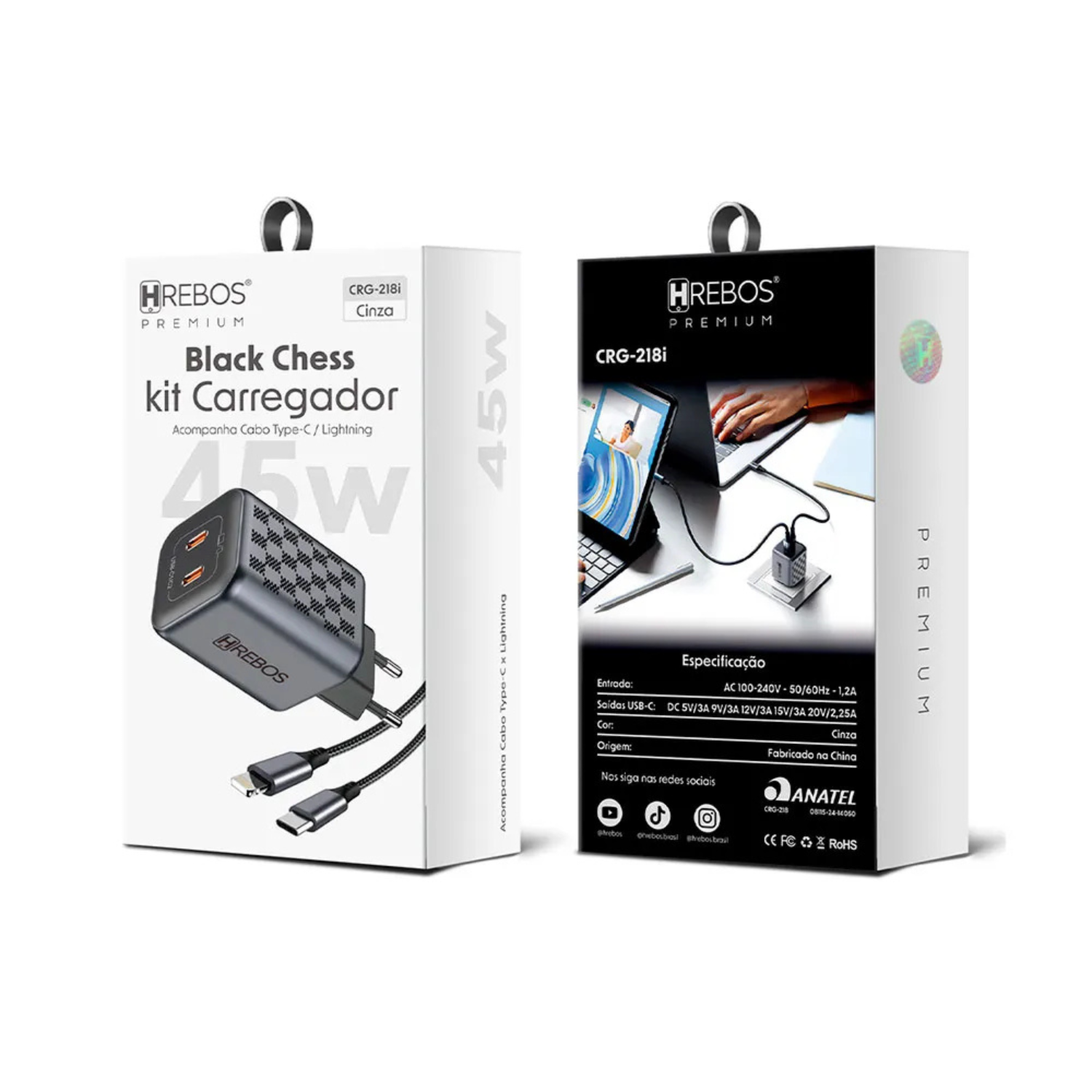 Carregador Turbo Hrebos 45W Carregamento Rápido 2 USB-C CRG-218CI com Cabo