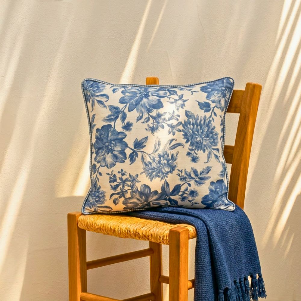 Almofada Linho 52X52 Estampa Floral Azul Com Cordão
