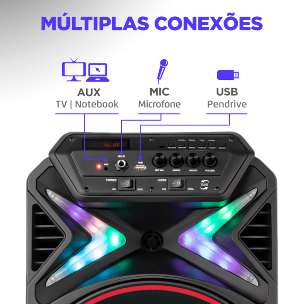 Caixa Amplificada Mondial CM-400 Connect Lights 400W Bluetooth USB/AUX/MIC
