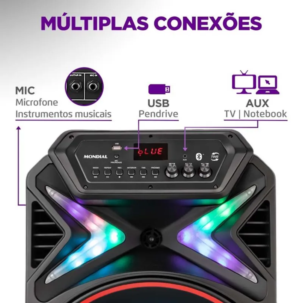 Caixa de Som Amplificada Mondial Connect Lights Plus CM-700 Bluetooth 700W