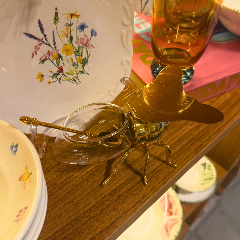 Açucareiro Meleira Abelha Vidro e Metal Dourada