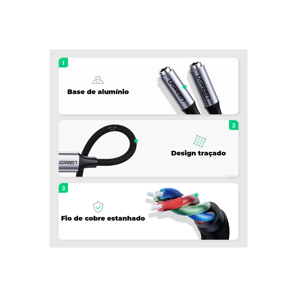 Adaptador UGREEN AV144 USB-C para 2x P2 Fêmea Áudio e Microfone Cabo Áudio 20cm