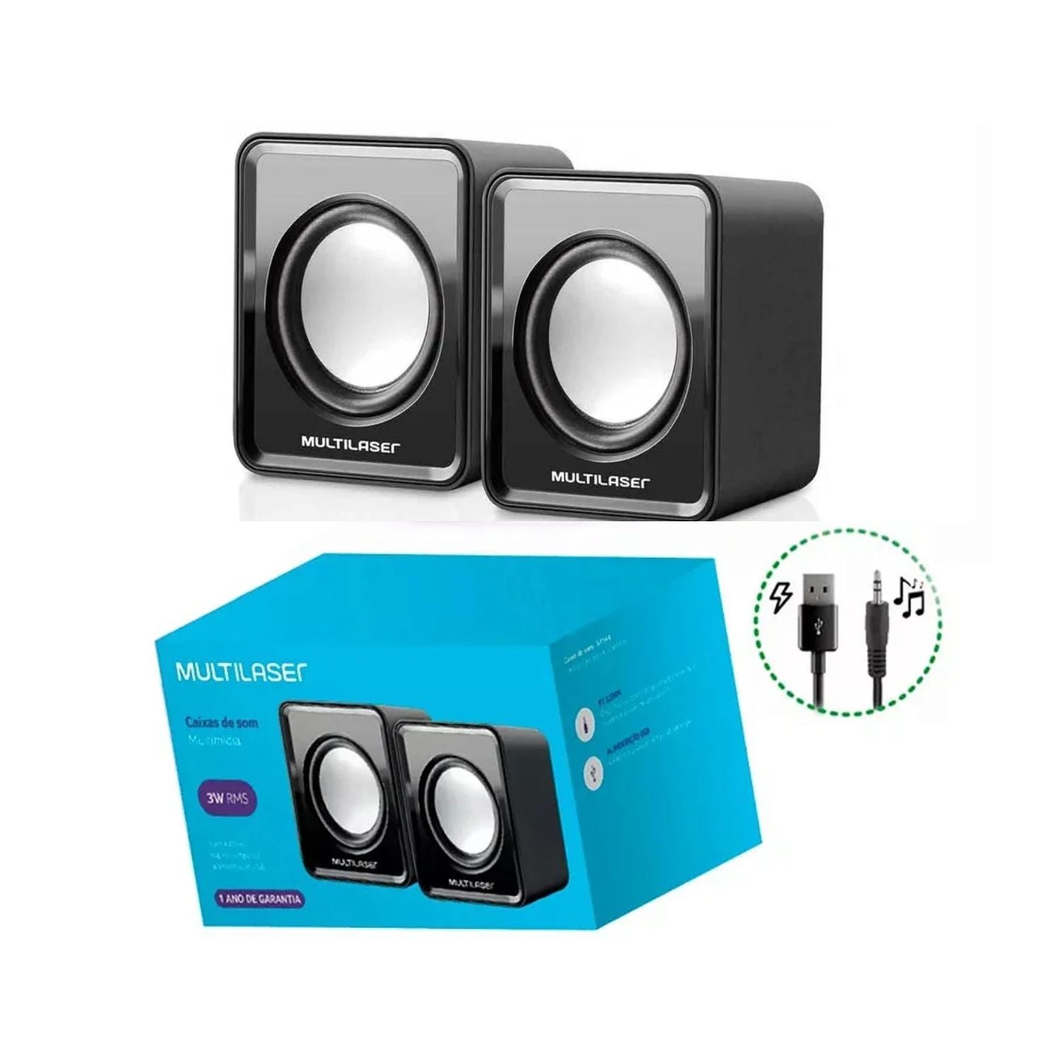 CAIXAS DE SOM CX100 2.0 3W RMS ALIMENTAÇÃO USB CONEXÃO P2 CONTROLE DE VOLUME SOM STEREO
